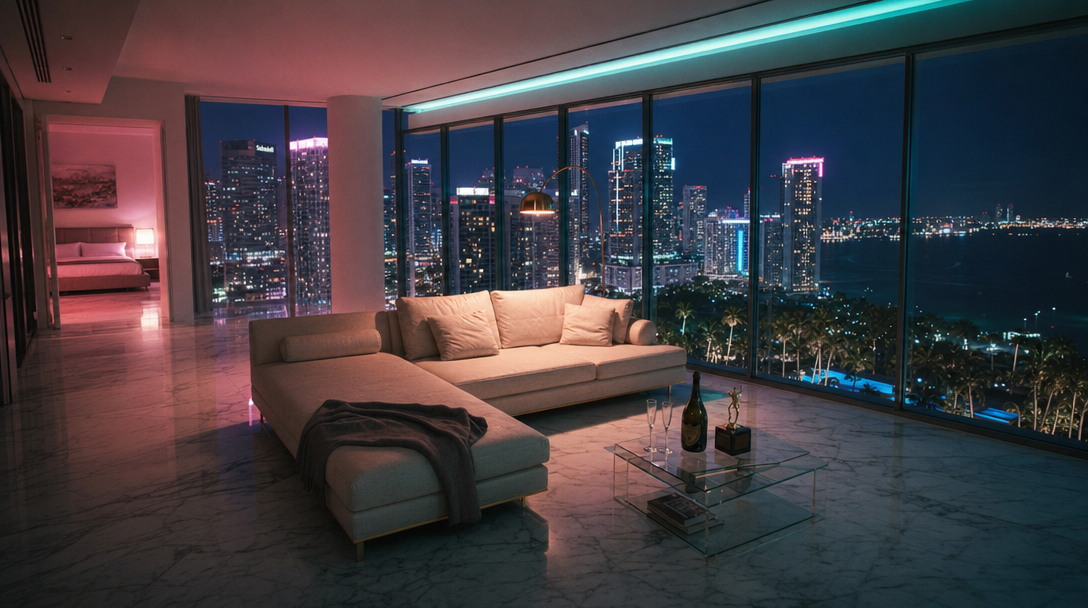 Miami luxury hotel suite — night